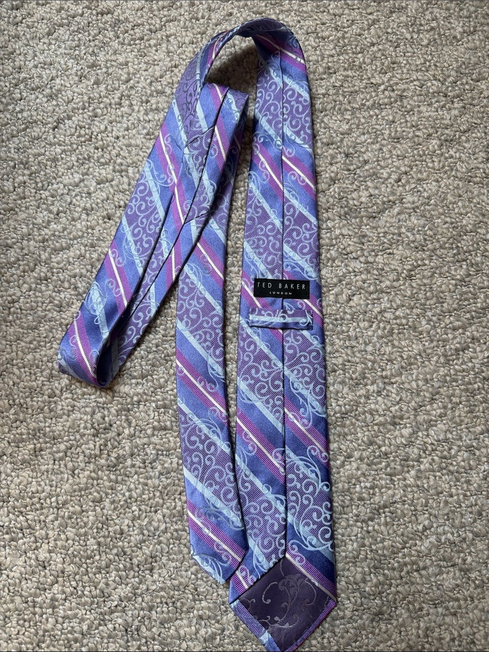 Ted Baker Purple and Light Blue Striped Scroll Silk Tie